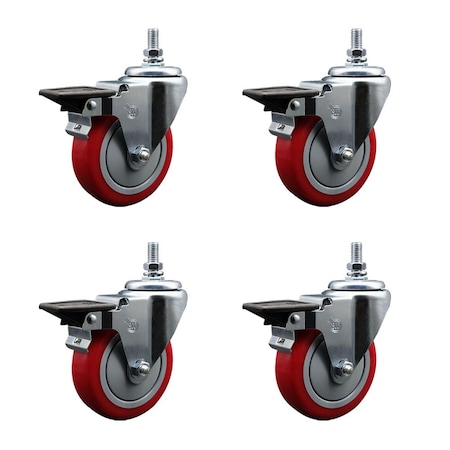Service Caster 4 Inch Red Polyurethane 10 MM Threaded Stem Caster Set with Brake SCC-TS20S414-PPUB-RED-PLB-M1015-4